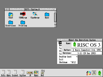 RISC OS 3 desktop at 800x600 pixels and 16 colours