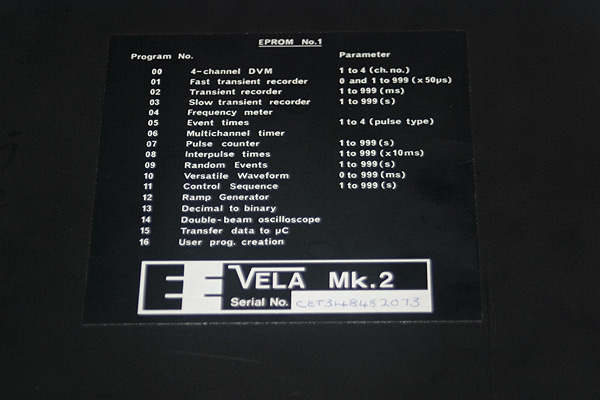 The base panel of the VELA with the ISL1 ROM program listing and hand written serial number