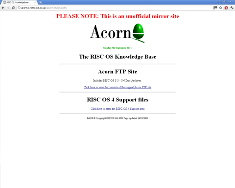 Screenshot of the Acorn FTP unofficial mirror site