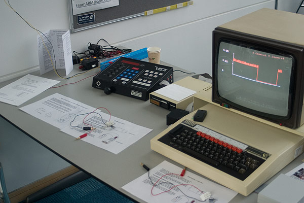 The VELA and BBC Micro displaying a graph whilst several experiments are on display